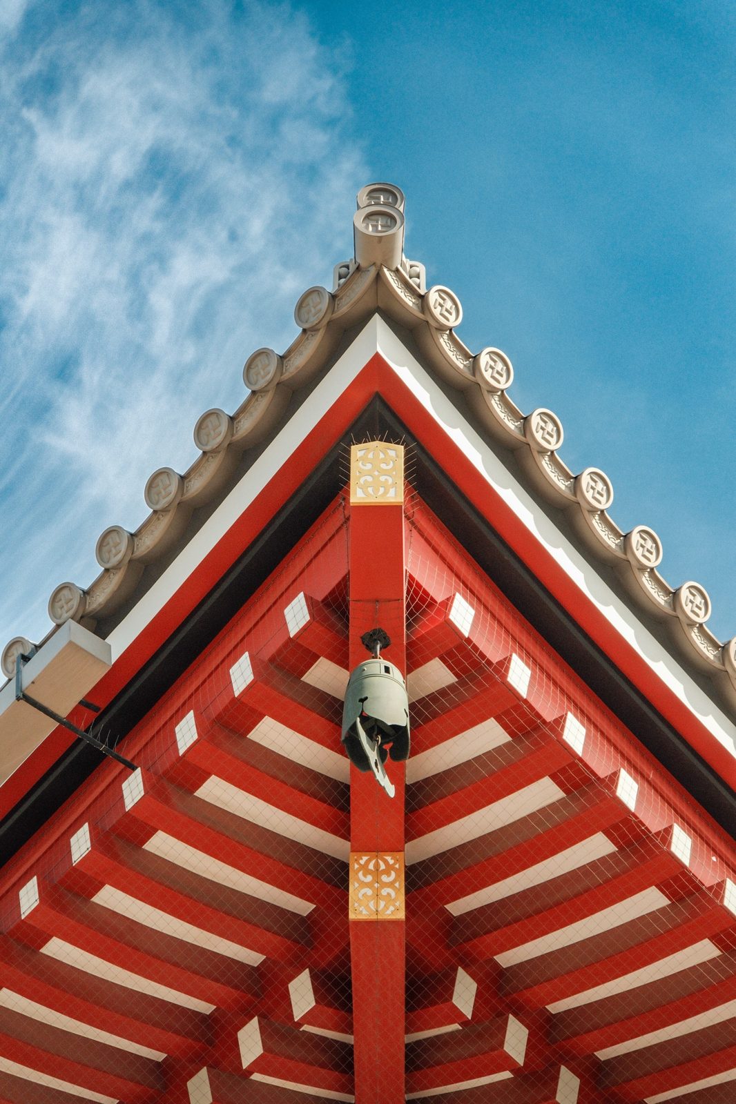 Red temple roof corner against a blue sky in Asakusa